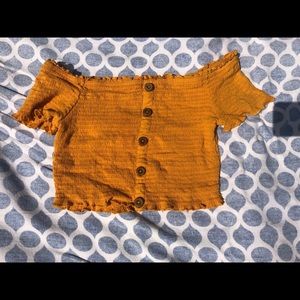 yellow off the shoulder crop top